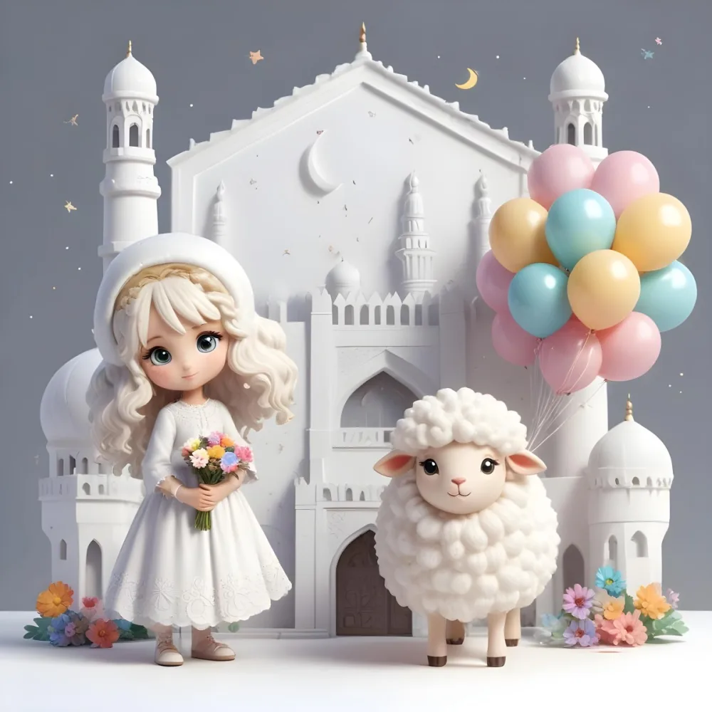 A Young Blonde Girl In A White Dress Holding A Bouquet Of Flowers Standing Next To A White Mosque Like Building With Minarets There Is Also A Small White Sheep Like Creature With A Pink Bow Next To Her The Backgro 14 232d