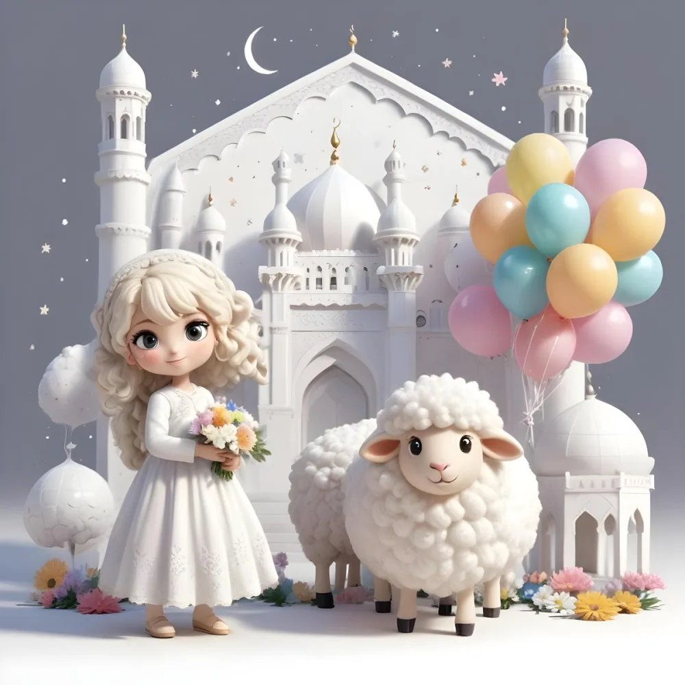 A Young Blonde Girl In A White Dress Holding A Bouquet Of Flowers Standing Next To A White Mosque Like Building With Minarets There Is Also A Small White Sheep Like Creature With A Pink Bow Next To Her The Backgro 15 B57d