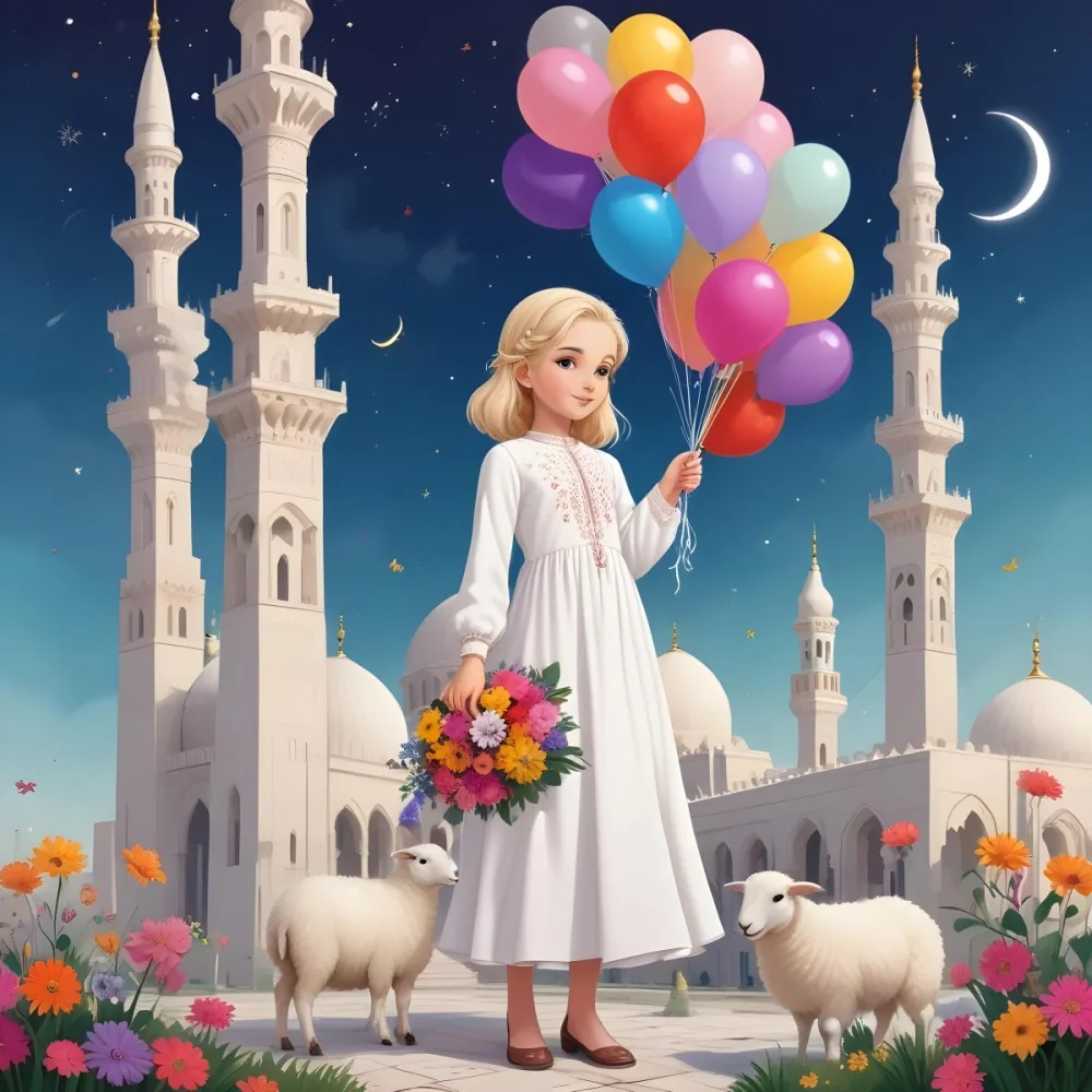 A Young Blonde Girl In A White Dress Holding A Bouquet Of Flowers Standing Next To A White Mosque Like Building With Minarets There Is Also A Small White Sheep Like Creature With A Pink Bow Next To Her The Backgro 16 Bf5c