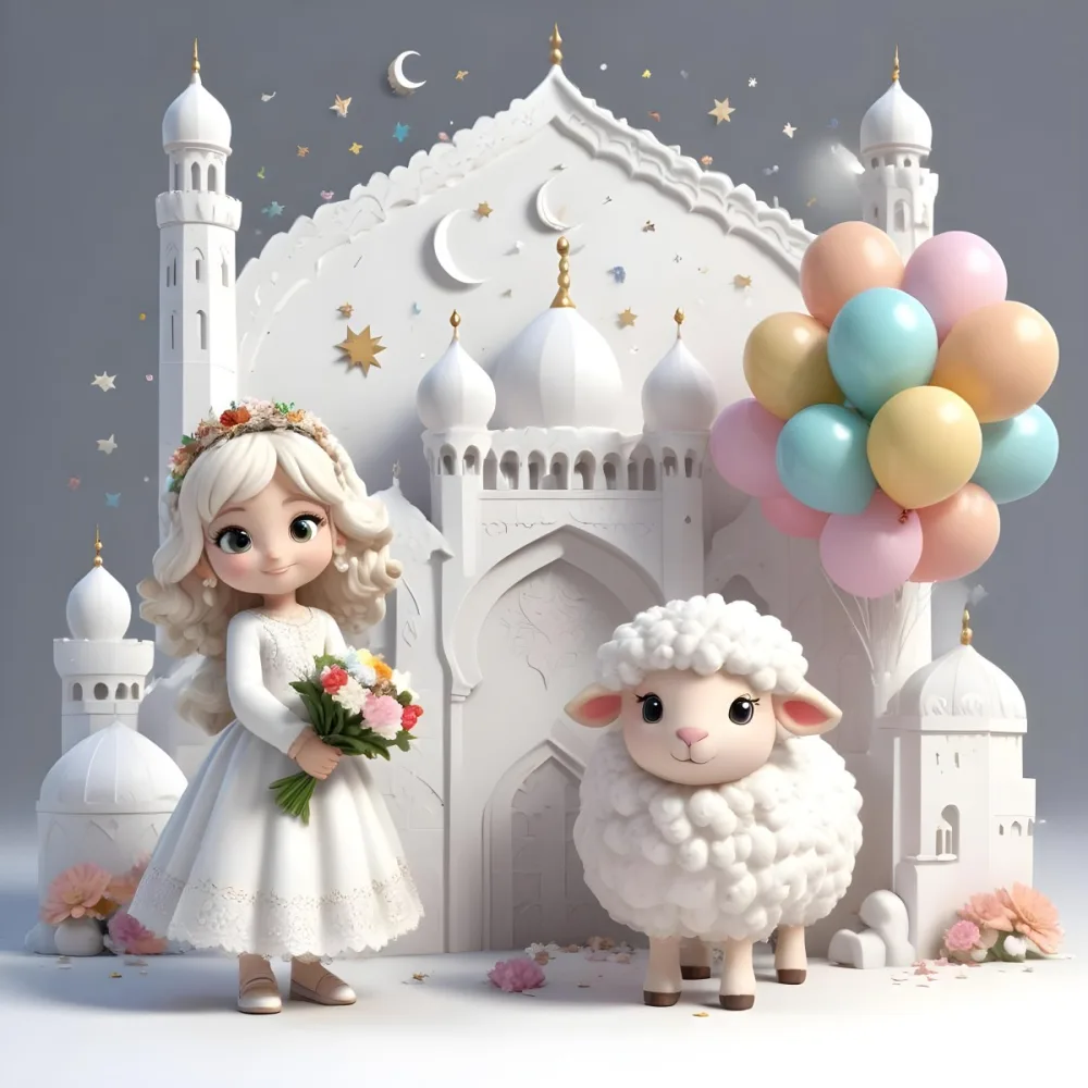 A Young Blonde Girl In A White Dress Holding A Bouquet Of Flowers Standing Next To A White Mosque Like Building With Minarets There Is Also A Small White Sheep Like Creature With A Pink Bow Next To Her The Backgro 17 8fea
