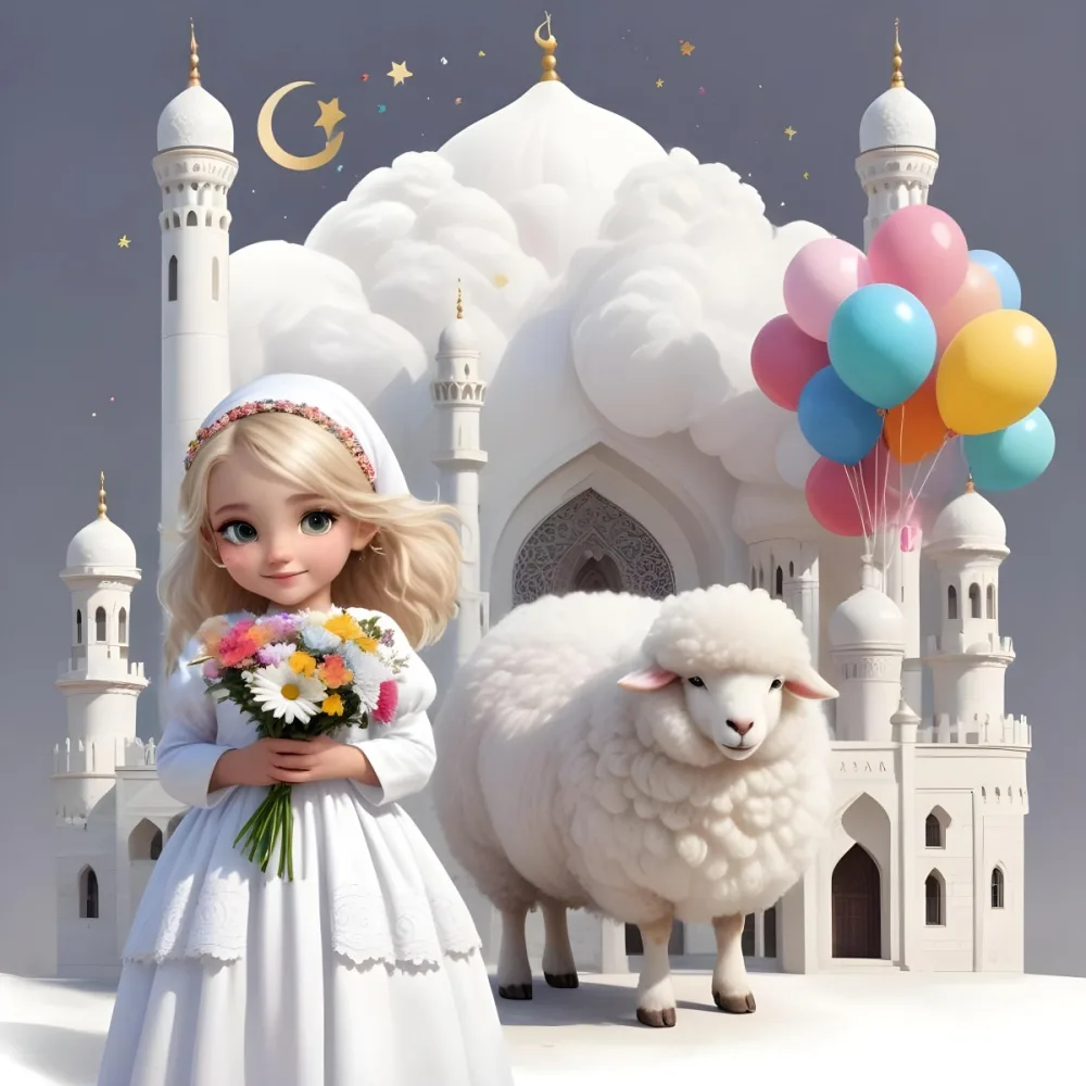 A Young Blonde Girl In A White Dress Holding A Bouquet Of Flowers Standing Next To A White Mosque Like Building With Minarets There Is Also A Small White Sheep Like Creature With A Pink Bow Next To Her The Backgro 4 A907