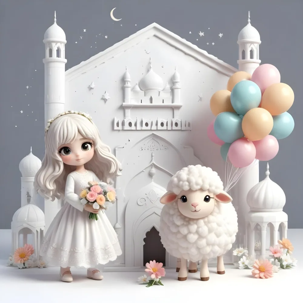 A Young Blonde Girl In A White Dress Holding A Bouquet Of Flowers Standing Next To A White Mosque Like Building With Minarets There Is Also A Small White Sheep Like Creature With A Pink Bow Next To Her The Backgro 5 B1ff