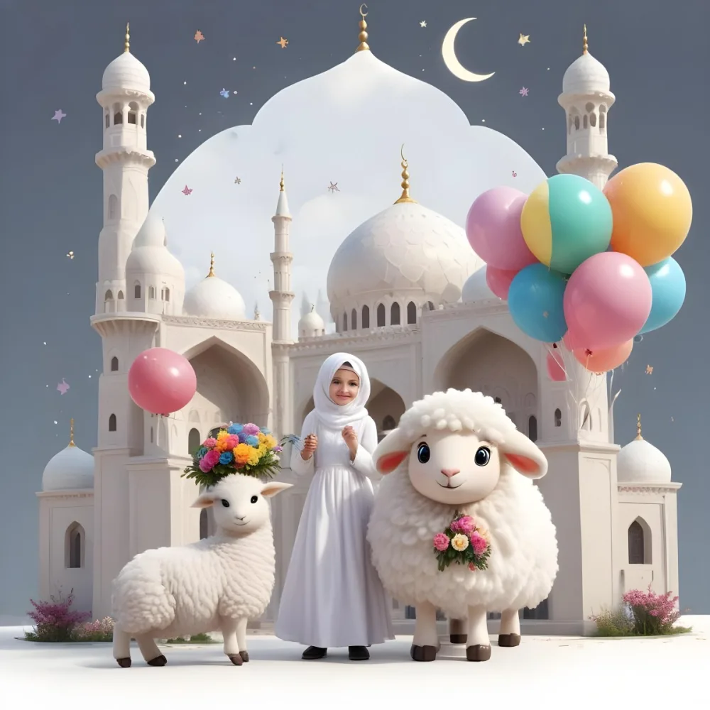 A Young Blonde Girl In A White Dress Holding A Bouquet Of Flowers Standing Next To A White Mosque Like Building With Minarets There Is Also A Small White Sheep Like Creature With A Pink Bow Next To Her The Backgro 6 7809