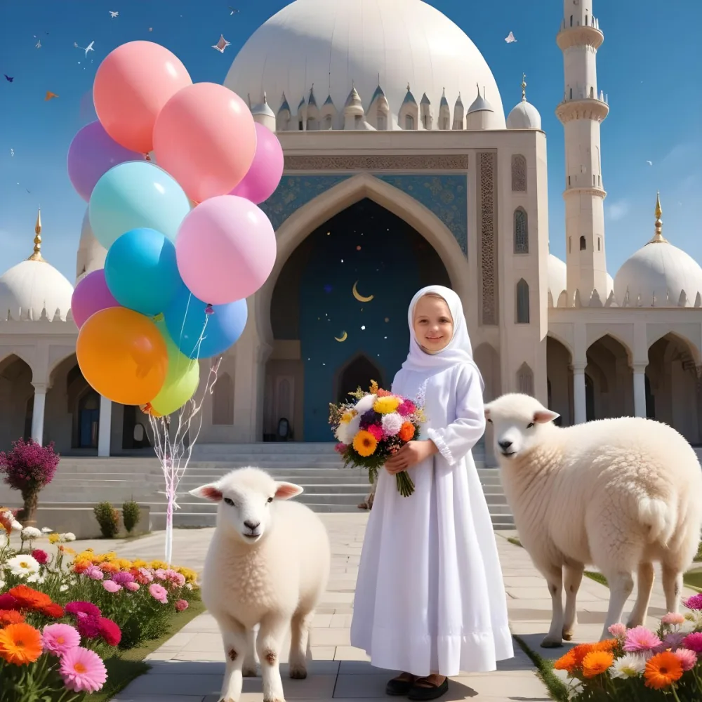 A Young Blonde Girl In A White Dress Holding A Bouquet Of Flowers Standing Next To A White Mosque Like Building With Minarets There Is Also A Small White Sheep Like Creature With A Pink Bow Next To Her The Backgro 7 10b5
