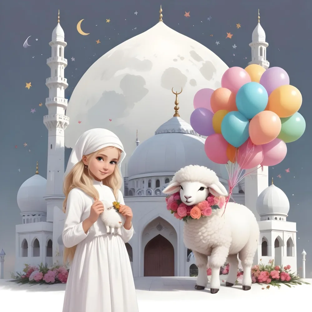 A Young Blonde Girl In A White Dress Holding A Bouquet Of Flowers Standing Next To A White Mosque Like Building With Minarets There Is Also A Small White Sheep Like Creature With A Pink Bow Next To Her The Backgro 8 61fa
