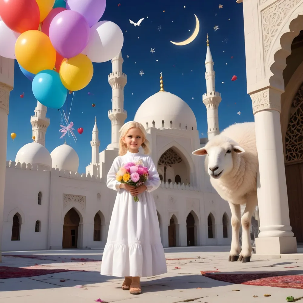 A Young Blonde Girl In A White Dress Holding A Bouquet Of Flowers Standing Next To A White Mosque Like Building With Minarets There Is Also A Small White Sheep Like Creature With A Pink Bow Next To Her The Backgro 9 Db0f