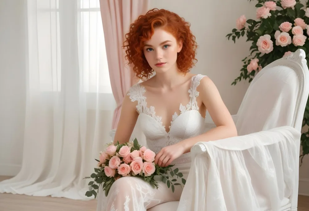 A Young Woman With Fair Skin And Red Curly Hair Approximately 25 Years Old Wearing A White Lace Wedding Dress She Is Seated On An Elegant White Chair Holding A Bouquet Of Pink Flowers With Greenery The Backgroun 12 721b