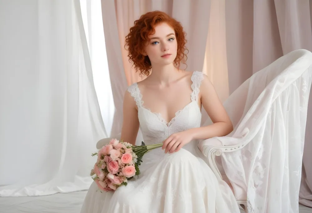 A Young Woman With Fair Skin And Red Curly Hair Approximately 25 Years Old Wearing A White Lace Wedding Dress She Is Seated On An Elegant White Chair Holding A Bouquet Of Pink Flowers With Greenery The Backgroun 19 2918