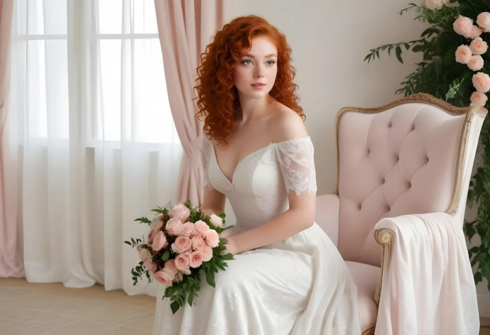 A Young Woman With Fair Skin And Red Curly Hair Approximately 25 Years Old Wearing A White Lace Wedding Dress She Is Seated On An Elegant White Chair Holding A Bouquet Of Pink Flowers With Greenery The Backgroun 20 E25c