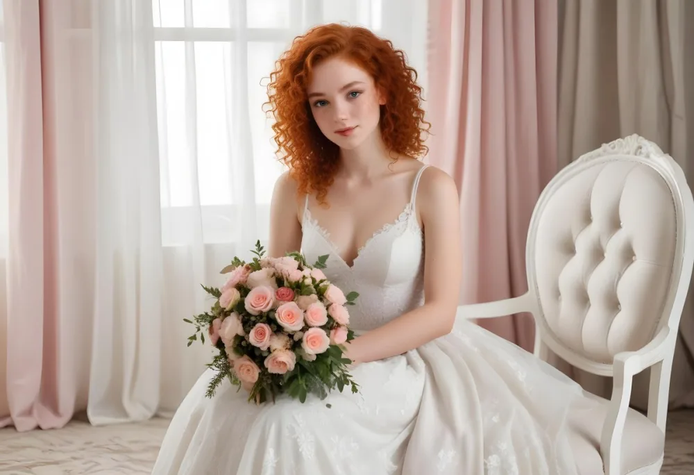 A Young Woman With Fair Skin And Red Curly Hair Approximately 25 Years Old Wearing A White Lace Wedding Dress She Is Seated On An Elegant White Chair Holding A Bouquet Of Pink Flowers With Greenery The Backgroun 22 041c