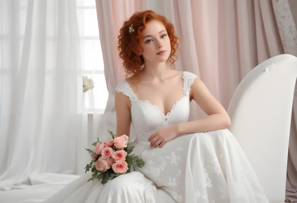 A Young Woman With Fair Skin And Red Curly Hair Approximately 25 Years Old Wearing A White Lace Wedding Dress She Is Seated On An Elegant White Chair Holding A Bouquet Of Pink Flowers With Greenery The Backgroun 23 B69a