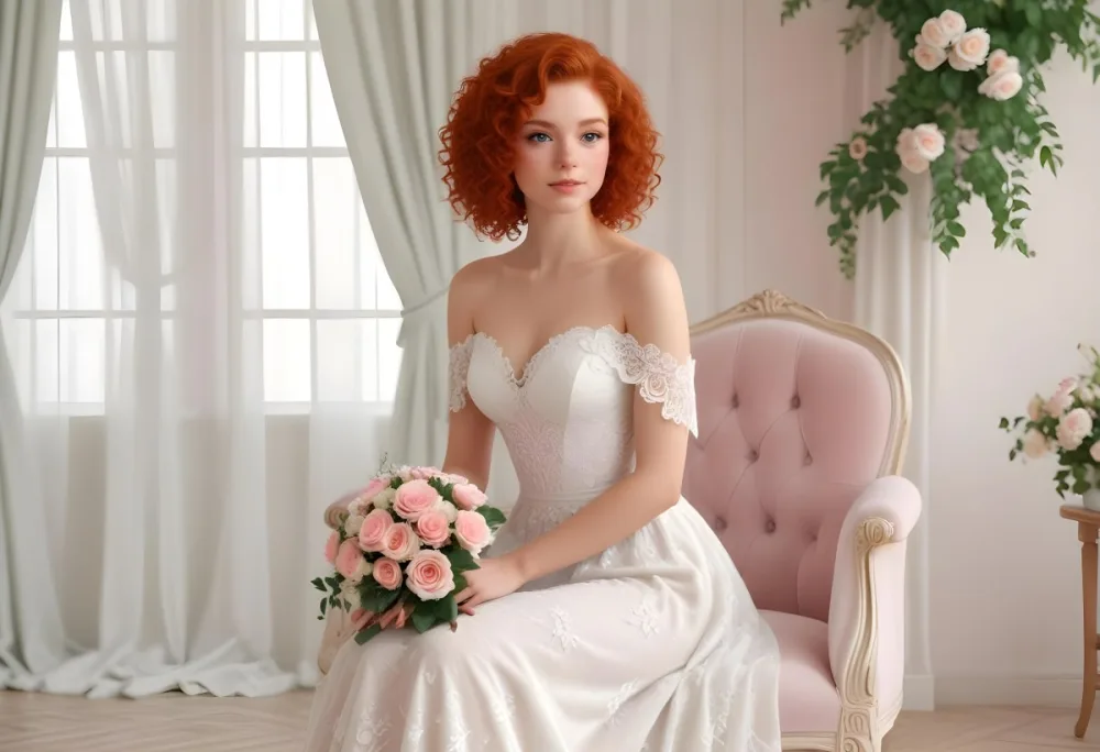 A Young Woman With Fair Skin And Red Curly Hair Approximately 25 Years Old Wearing A White Lace Wedding Dress She Is Seated On An Elegant White Chair Holding A Bouquet Of Pink Flowers With Greenery The Backgroun 3 4ec1