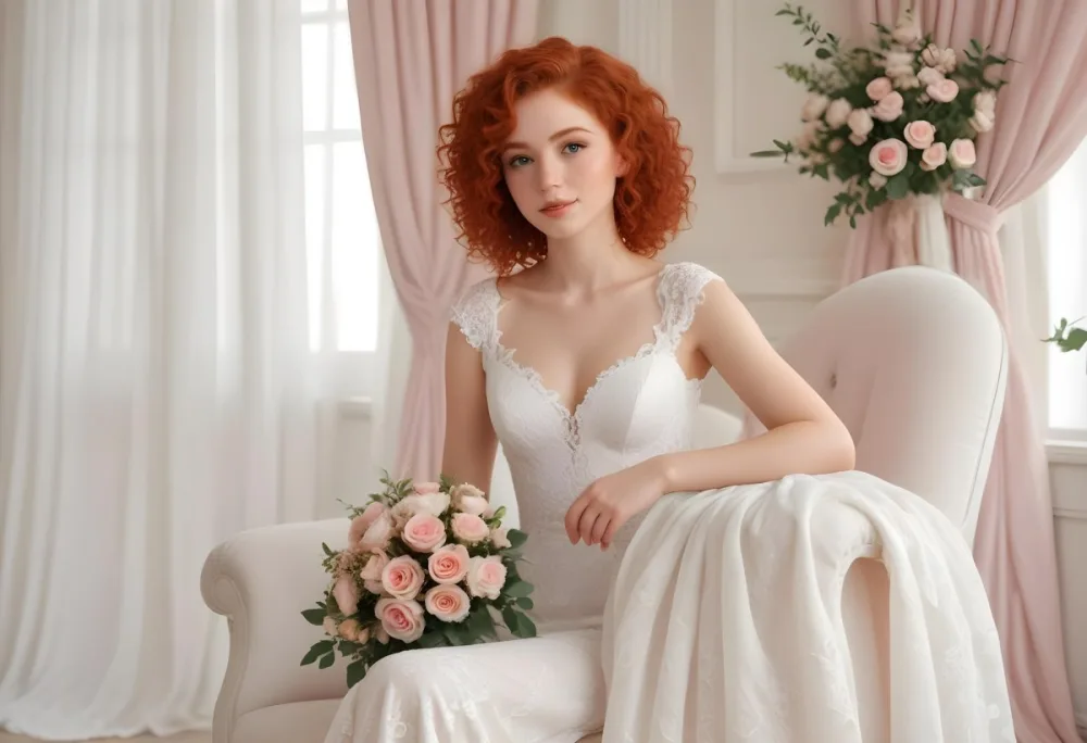 A Young Woman With Fair Skin And Red Curly Hair Approximately 25 Years Old Wearing A White Lace Wedding Dress She Is Seated On An Elegant White Chair Holding A Bouquet Of Pink Flowers With Greenery The Backgroun 4 2a86