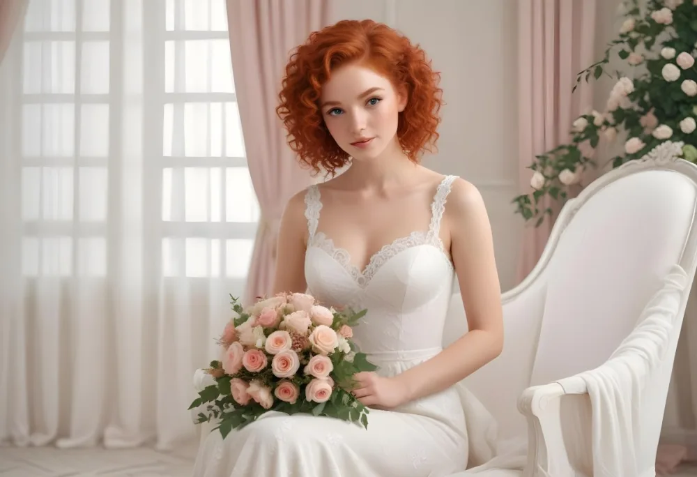 A Young Woman With Fair Skin And Red Curly Hair Approximately 25 Years Old Wearing A White Lace Wedding Dress She Is Seated On An Elegant White Chair Holding A Bouquet Of Pink Flowers With Greenery The Backgroun 5 28b0