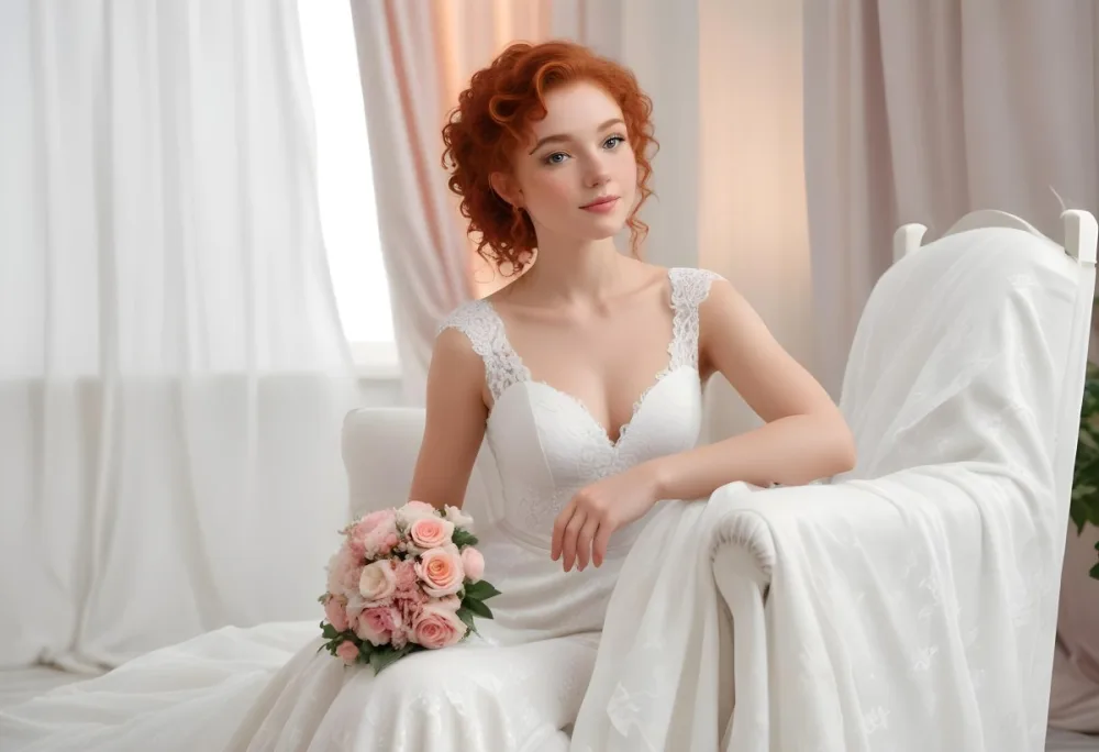 A Young Woman With Fair Skin And Red Curly Hair Approximately 25 Years Old Wearing A White Lace Wedding Dress She Is Seated On An Elegant White Chair Holding A Bouquet Of Pink Flowers With Greenery The Backgroun 6 1dcd