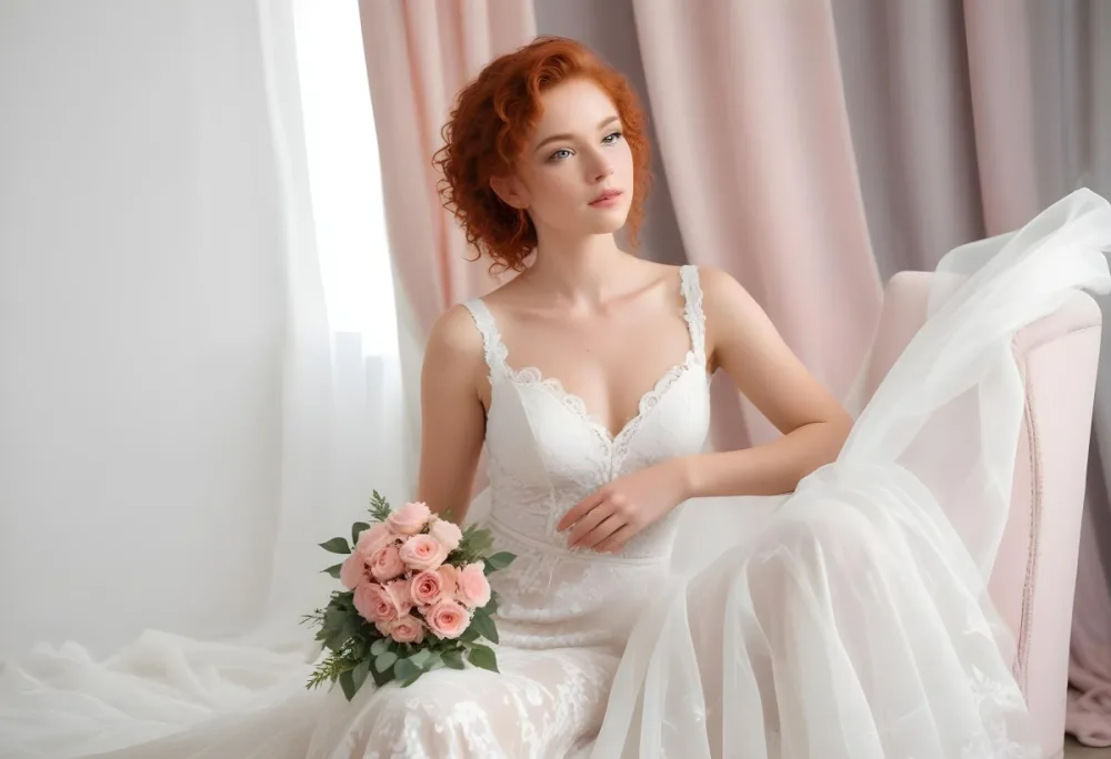 A Young Woman With Fair Skin And Red Curly Hair Approximately 25 Years Old Wearing A White Lace Wedding Dress She Is Seated On An Elegant White Chair Holding A Bouquet Of Pink Flowers With Greenery The Backgroun 7 F284