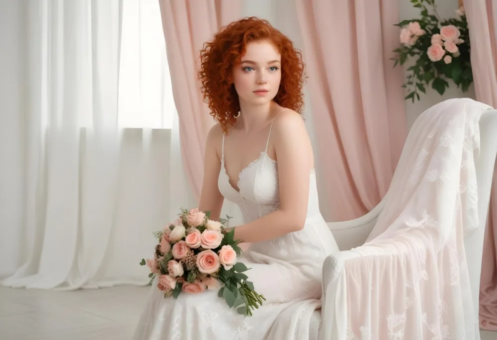 A Young Woman With Fair Skin And Red Curly Hair Approximately 25 Years Old Wearing A White Lace Wedding Dress She Is Seated On An Elegant White Chair Holding A Bouquet Of Pink Flowers With Greenery The Backgroun 8 Fea3