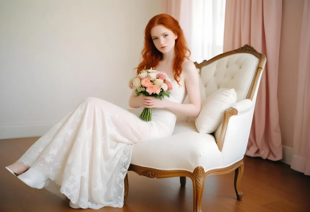 A Young Woman With Fair Skin And Red Hair Approximately 25 Years Old Wearing A White Lace Wedding Dress She Is Seated On An Elegant White Upholstered Chair Holding A Bouquet Of Pink Flowers The Background Featur 12 D58d