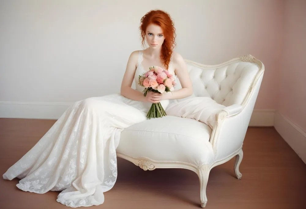 A Young Woman With Fair Skin And Red Hair Approximately 25 Years Old Wearing A White Lace Wedding Dress She Is Seated On An Elegant White Upholstered Chair Holding A Bouquet Of Pink Flowers The Background Featur 13 Bc59
