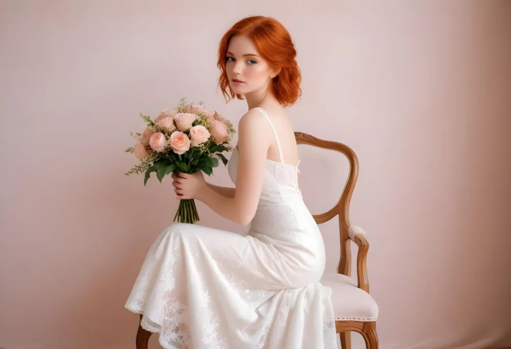A Young Woman With Fair Skin And Red Hair Approximately 25 Years Old Wearing A White Lace Wedding Dress She Is Seated On An Elegant White Upholstered Chair Holding A Bouquet Of Pink Flowers The Background Featur 18 029e