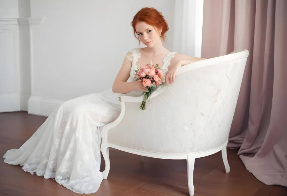 A Young Woman With Fair Skin And Red Hair Approximately 25 Years Old Wearing A White Lace Wedding Dress She Is Seated On An Elegant White Upholstered Chair Holding A Bouquet Of Pink Flowers The Background Featur 23 8f0d