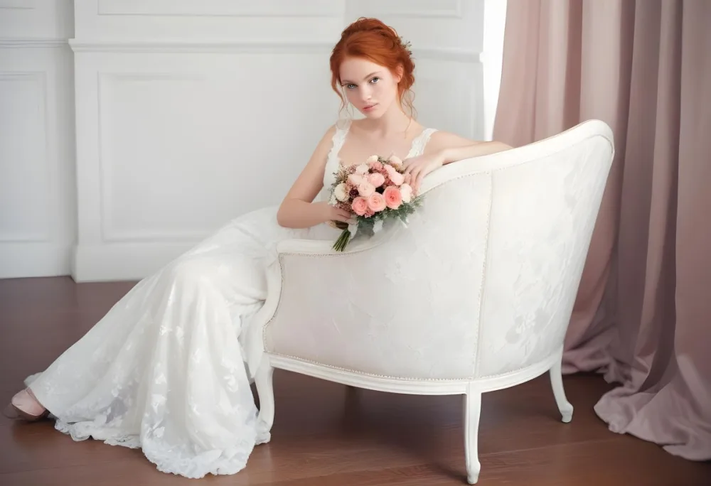 A Young Woman With Fair Skin And Red Hair Approximately 25 Years Old Wearing A White Lace Wedding Dress She Is Seated On An Elegant White Upholstered Chair Holding A Bouquet Of Pink Flowers The Background Featur 27 Dc47