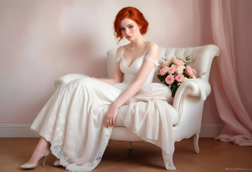 A Young Woman With Fair Skin And Red Hair Approximately 25 Years Old Wearing A White Lace Wedding Dress She Is Seated On An Elegant White Upholstered Chair Holding A Bouquet Of Pink Flowers The Background Featur 3 557d