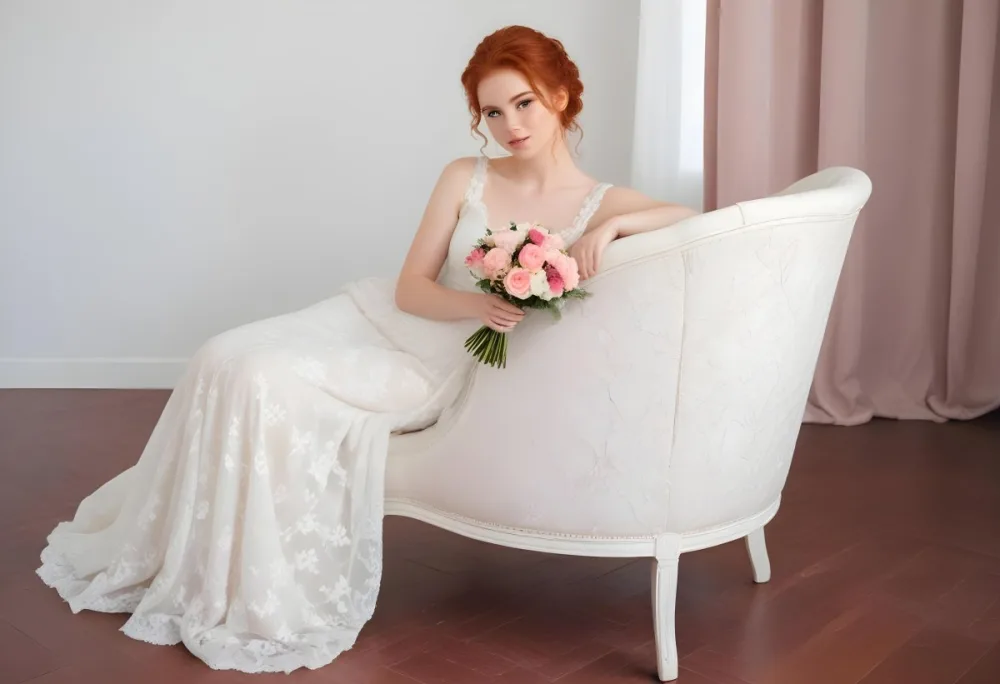 A Young Woman With Fair Skin And Red Hair Approximately 25 Years Old Wearing A White Lace Wedding Dress She Is Seated On An Elegant White Upholstered Chair Holding A Bouquet Of Pink Flowers The Background Featur 30 2ba7
