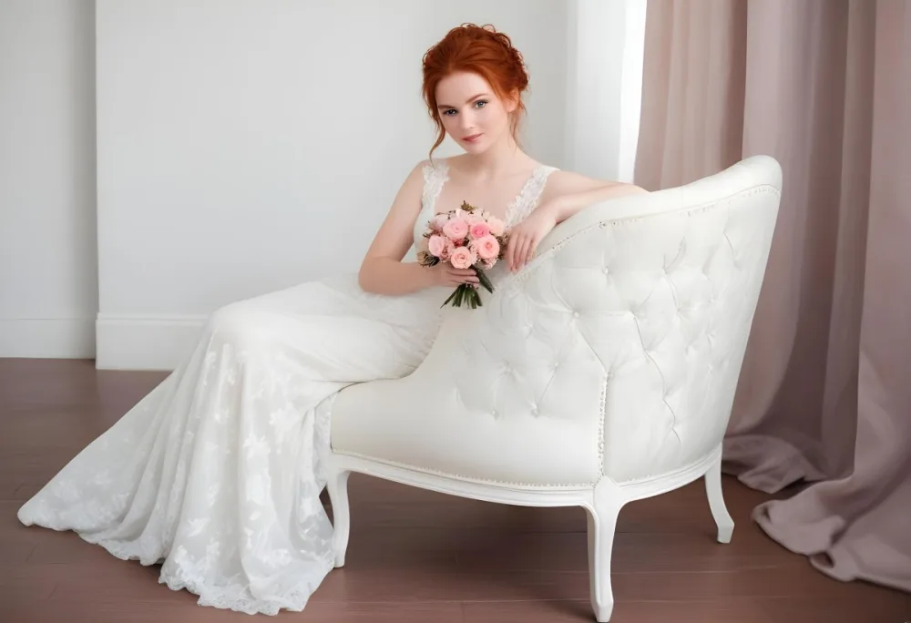 A Young Woman With Fair Skin And Red Hair Approximately 25 Years Old Wearing A White Lace Wedding Dress She Is Seated On An Elegant White Upholstered Chair Holding A Bouquet Of Pink Flowers The Background Featur 31 2b1e