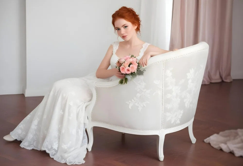 A Young Woman With Fair Skin And Red Hair Approximately 25 Years Old Wearing A White Lace Wedding Dress She Is Seated On An Elegant White Upholstered Chair Holding A Bouquet Of Pink Flowers The Background Featur 32 D0cb