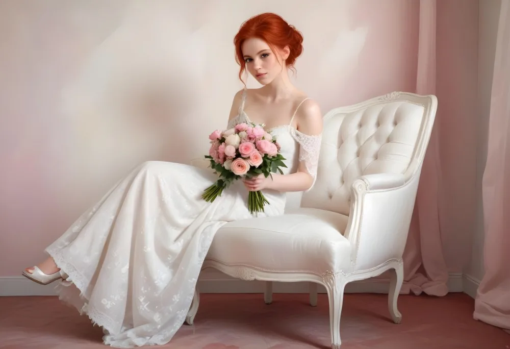 A Young Woman With Fair Skin And Red Hair Approximately 25 Years Old Wearing A White Lace Wedding Dress She Is Seated On An Elegant White Upholstered Chair Holding A Bouquet Of Pink Flowers The Background Featur 5 4700