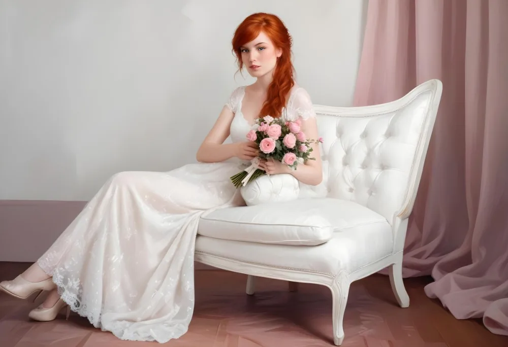 A Young Woman With Fair Skin And Red Hair Approximately 25 Years Old Wearing A White Lace Wedding Dress She Is Seated On An Elegant White Upholstered Chair Holding A Bouquet Of Pink Flowers The Background Featur 6 Cd19