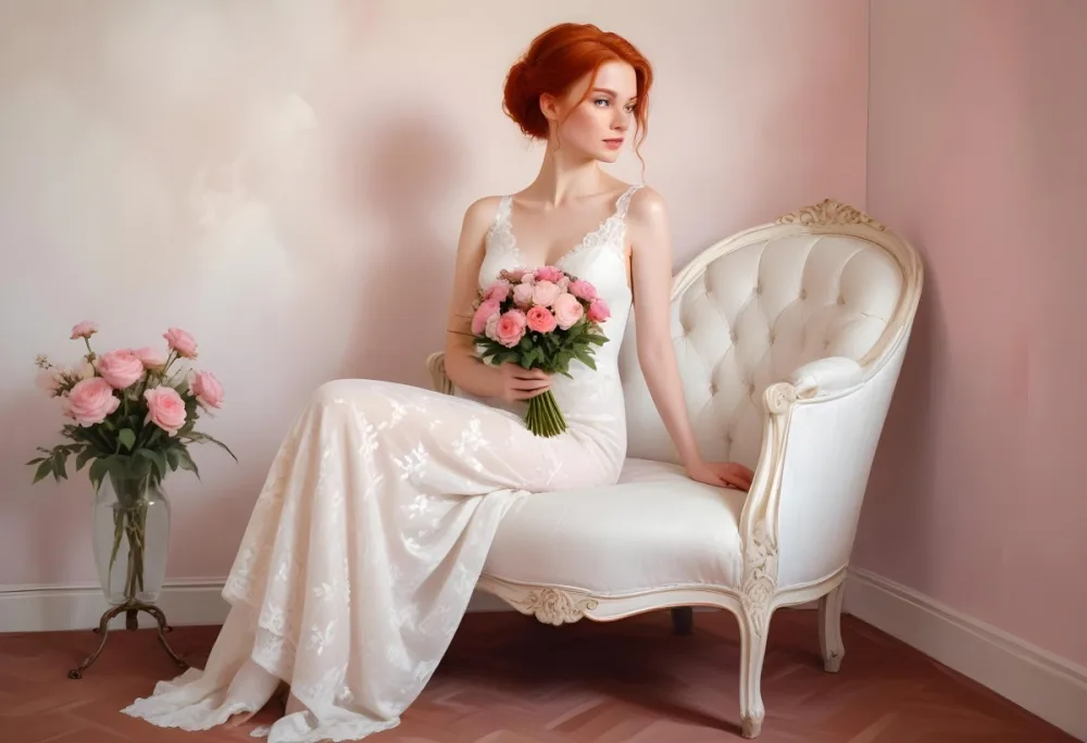 A Young Woman With Fair Skin And Red Hair Approximately 25 Years Old Wearing A White Lace Wedding Dress She Is Seated On An Elegant White Upholstered Chair Holding A Bouquet Of Pink Flowers The Background Featur 7 057d