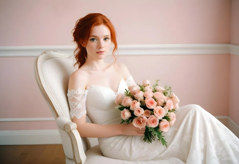 A Young Woman With Fair Skin And Red Hair Approximately 25 Years Old Wearing A White Lace Wedding Dress She Is Seated On An Elegant White Upholstered Chair Holding A Bouquet Of Pink Flowers The Background Featur 9 B1b2