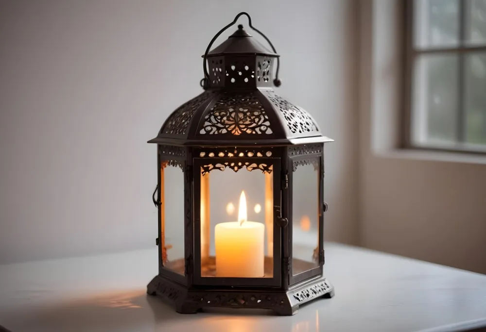 An Antique Metal Lantern With Glass Panels Sits On A Glass Surface A Candle Burning Inside Against A Blurred White Background 30 1d2b