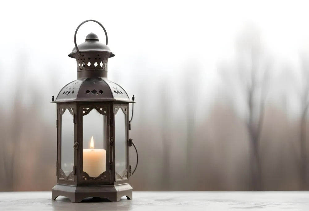 An Antique Metal Lantern With Glass Panels Sits On A Glass Surface A Candle Burning Inside Against A Blurred White Background 7 Ffff