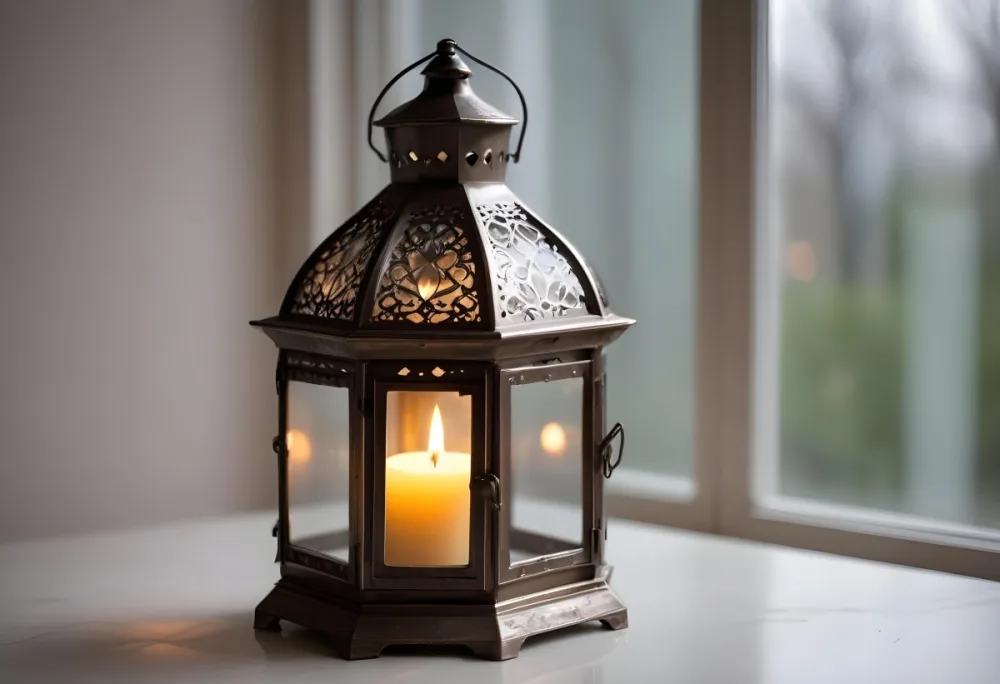 An Antique Metal Lantern With Glass Panels Sits On A Glass Surface A Candle Burning Inside Against A Blurred White Background 8 5cd6