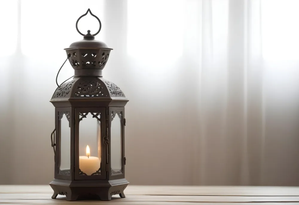 An Antique Metal Lantern With Glass Panels Sits On A Glass Surface A Candle Burning Inside Against A Blurred White Background 9 D197