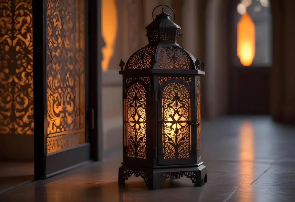 An Ornate Metal Lantern With Intricate Cutouts Casting A Warm Glow Placed On A Metal Surface With A Blurred Background Featuring An Arched Doorway 15 1a5e