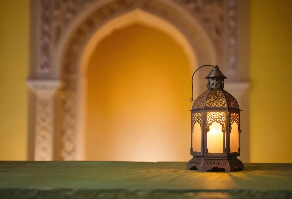 An Ornate Metal Lantern With Intricate Cutouts Casting A Warm Glow Placed On A Metal Surface With A Blurred Background Featuring An Arched Doorway 19 0c7d