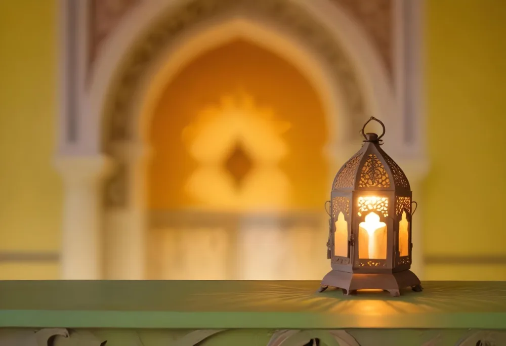 An Ornate Metal Lantern With Intricate Cutouts Casting A Warm Glow Placed On A Metal Surface With A Blurred Background Featuring An Arched Doorway 2 4351