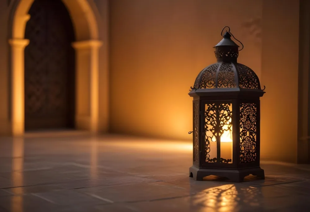 An Ornate Metal Lantern With Intricate Cutouts Casting A Warm Glow Placed On A Metal Surface With A Blurred Background Featuring An Arched Doorway 22 3d37