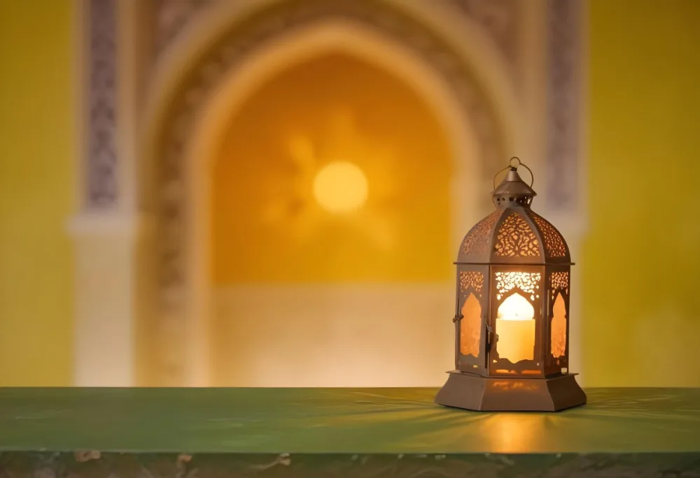 An Ornate Metal Lantern With Intricate Cutouts Casting A Warm Glow Placed On A Metal Surface With A Blurred Background Featuring An Arched Doorway 23 F9d1