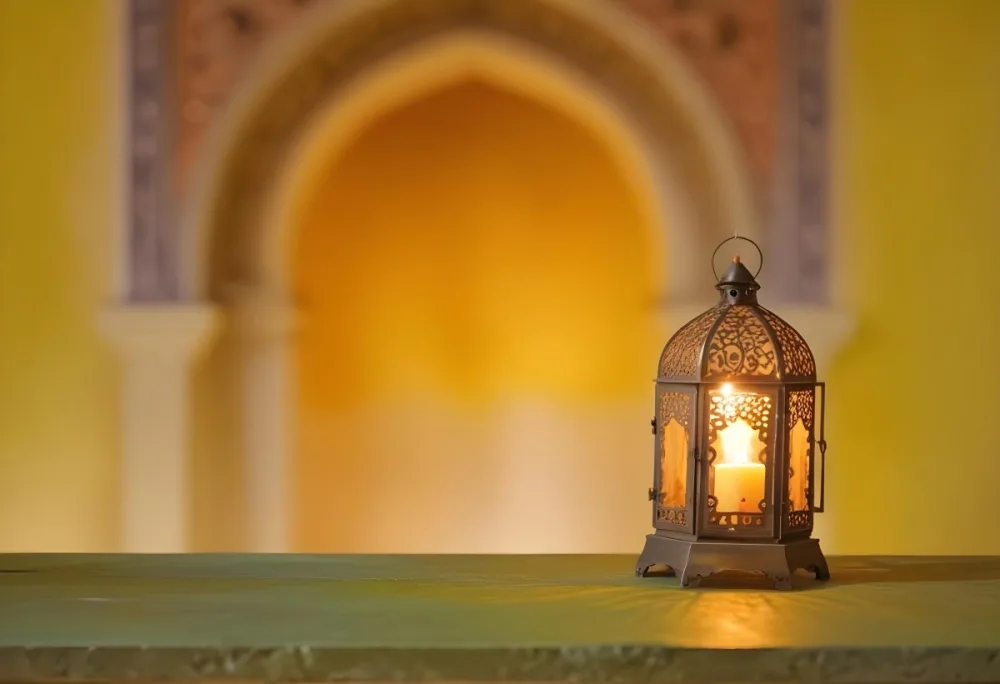 An Ornate Metal Lantern With Intricate Cutouts Casting A Warm Glow Placed On A Metal Surface With A Blurred Background Featuring An Arched Doorway 25 0ce4