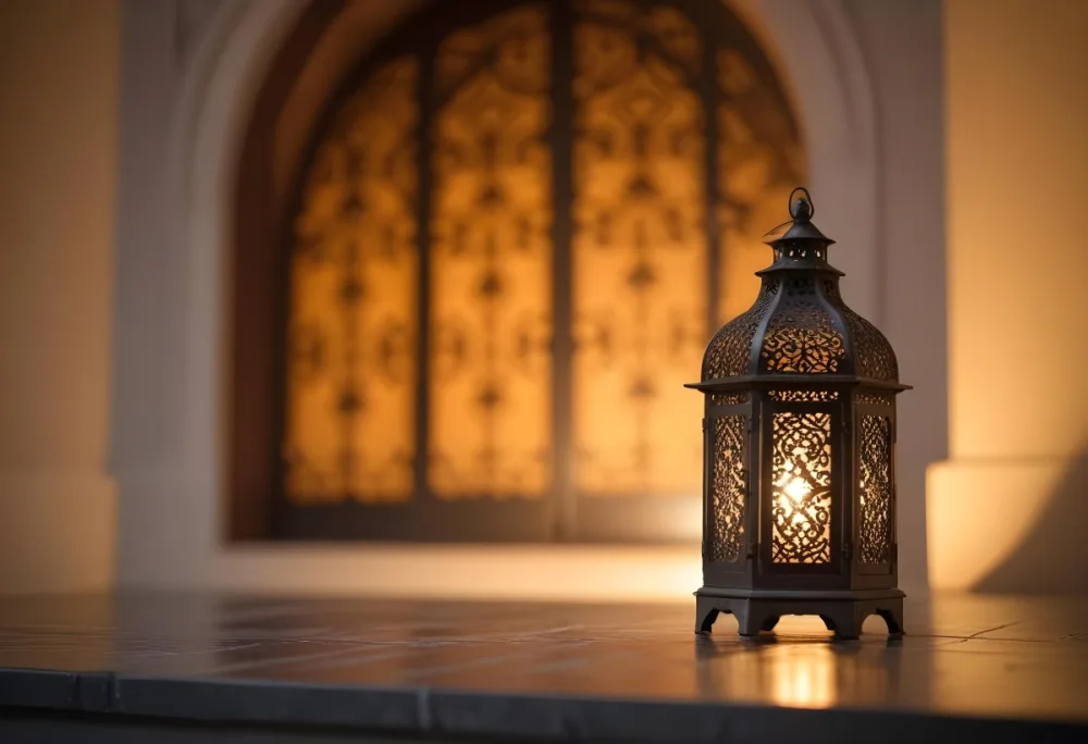 An Ornate Metal Lantern With Intricate Cutouts Casting A Warm Glow Placed On A Metal Surface With A Blurred Background Featuring An Arched Doorway 28 5f32