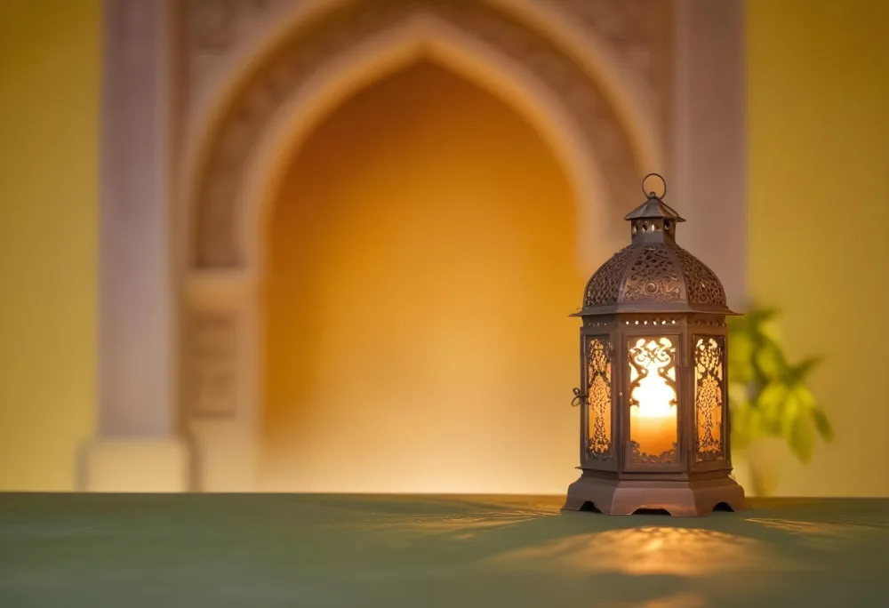 An Ornate Metal Lantern With Intricate Cutouts Casting A Warm Glow Placed On A Metal Surface With A Blurred Background Featuring An Arched Doorway 29 0545