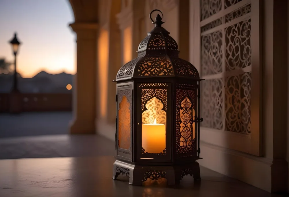 An Ornate Metal Lantern With Intricate Cutouts Casting A Warm Glow Placed On A Metal Surface With A Blurred Background Featuring An Arched Doorway 3 Dc5f