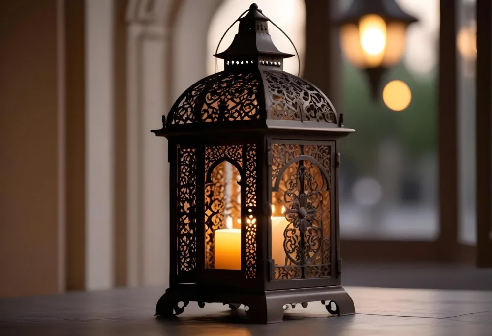 An Ornate Metal Lantern With Intricate Cutouts Casting A Warm Glow Placed On A Metal Surface With A Blurred Background Featuring An Arched Doorway 32 A0a9