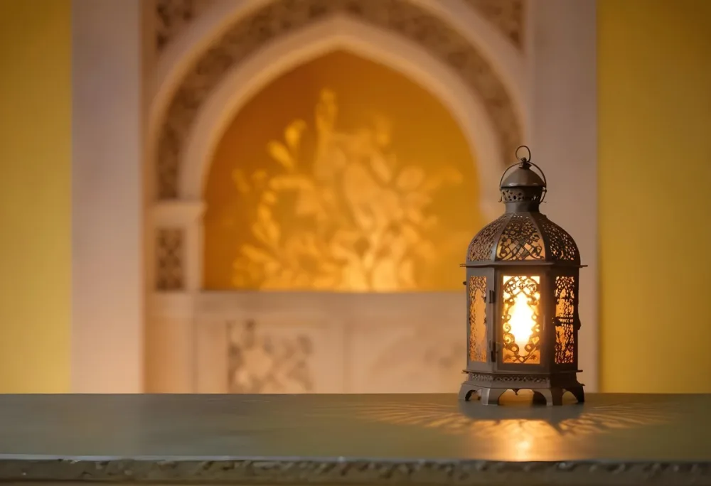 An Ornate Metal Lantern With Intricate Cutouts Casting A Warm Glow Placed On A Metal Surface With A Blurred Background Featuring An Arched Doorway 4 9c8f