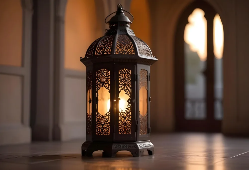 An Ornate Metal Lantern With Intricate Cutouts Casting A Warm Glow Placed On A Metal Surface With A Blurred Background Featuring An Arched Doorway 7 5e56